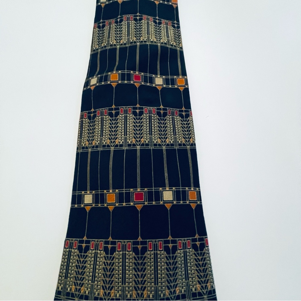 Frank Lloyd Wright black Tie with Geometric Gold and Red Accents - Picture 2 of 3